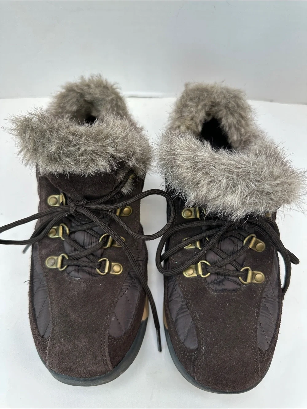 Lands' End Dark Brown Quilted Faux-Fur Trim Lace-Up Winter Sneakers